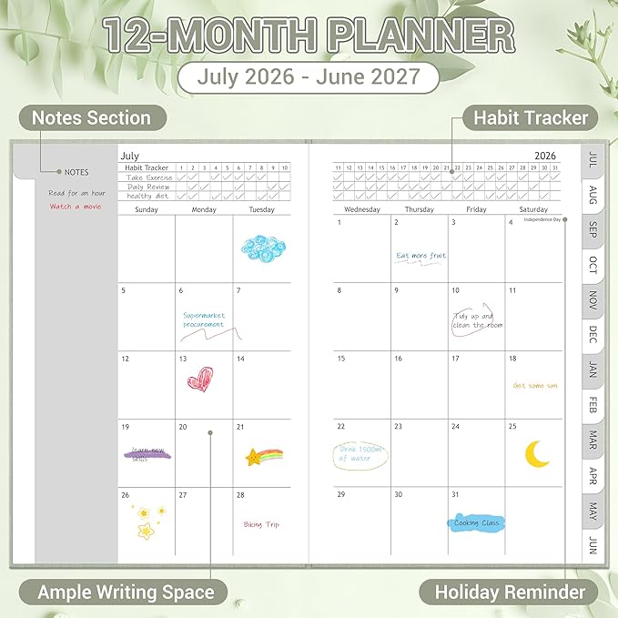 2026-2027 Planner, Weekly and Monthly Calendar Planner from July 2026 - June 2027, 6"×8.5" Linen Hardcover Agenda Book with Tabs, Pen Holder, Inner Pocket for Office School, Sage Green