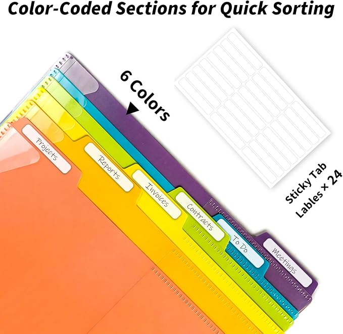 Binditek Plastic Clipboard Folio Folders, 6-Color Dividers with 1/6-Cut Tabs, 12-Pocket Project Organizer, Inner Zipper Pouch, Hardcover Storage Clipboard, Letter-Size, with Sticky Tab Lables, 1 Pack