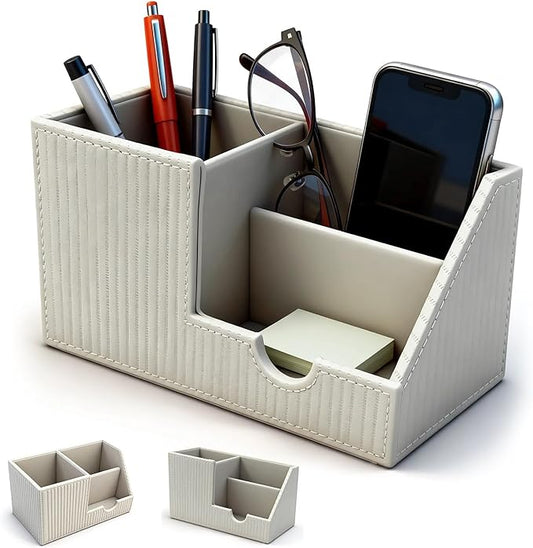 Desk Organizer Pen Holder, Aesthetic Striped White Small Organizer, Multi Slot Pencil Holder For Desk Office Desktop Stationery & Remote control Storage