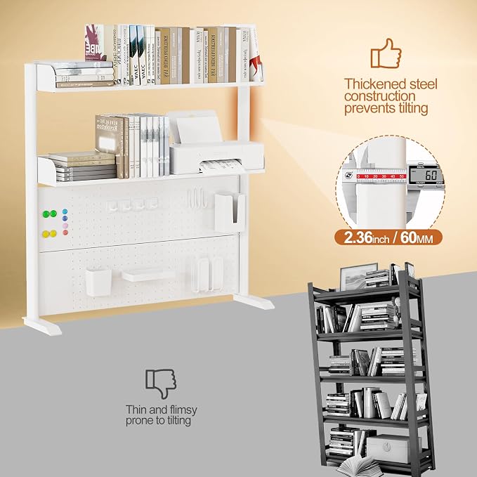 Adjustable Desktop Hutch Bookshelf, Desk Shelf Organizer with Pegboard and Thickened Metal Frame, 2 Tier Display Rack, Countertop Storage, Wood Bookcase for Home, Dorm or Office, White, 38.9" W