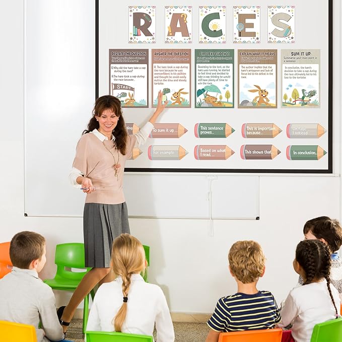Outus 36 Pcs RACES Writing Strategy Bulletin Board Set, Alphabet Cutout Poster Sentence Starters Cards for Elementary School Classroom, Writing Display Wall Decoration Teacher Supply(Morandi)