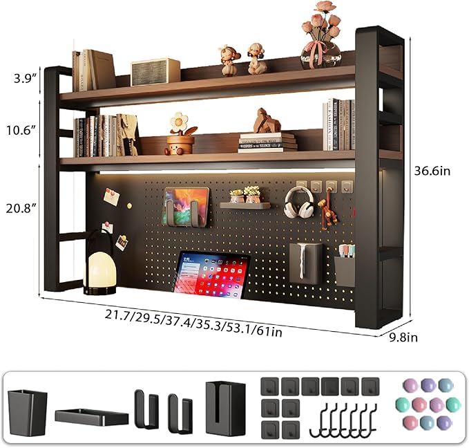 Desk Shelf Organizer for Top of Desk – Desktop Bookshelf with Pegboard & Storage Accessories, Adjustable Hutch for Dorm or Office, Steel Frame Display White frame + natural wood board 45.3*9.8*36.6in