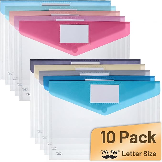 Mr. Pen- Clear Plastic Envelopes File Folders, 10 Pack, A4, Letter Size, Colorful Flaps, Clear Folders for Documents Plastic Poly Envelopes with Label for School, Home, Work, Office, Organizer