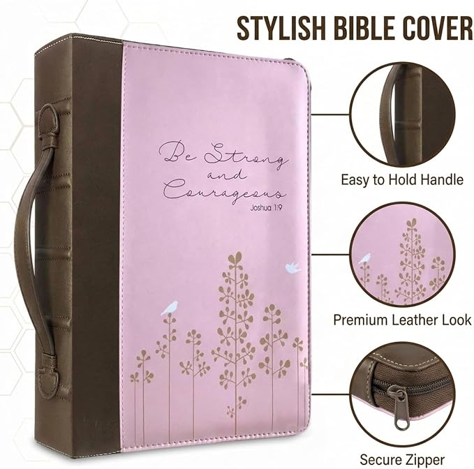 Bible Cover Case for Women and Girls, Large Faux Leather, Joshua 1:9, Zippered Carrying Case with Handle and Pockets, Church Bag, Christian Gifts for Women, Pink/Brown - Office Werks