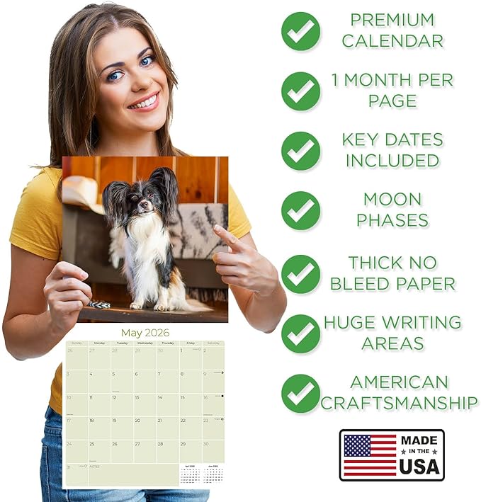Papillon Calendar 2026 by MegaCalendars – Monthly Dog Breed Wall Calendar, Made in USA