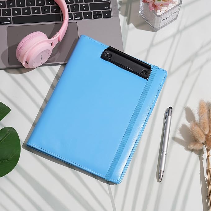 Wonderpool A5 PU Leather Clipboard Partfolio Notepad Forms Holders Document Case - Interview Planner Meeting Writing Padfolio File for Office Travel School Hotel (Sky Blue, A5)