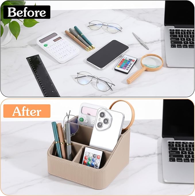 Kenaeeooe Remote Control Holder, Small Desk Organizer with 4 Compartments, Pu Leather Desktop Caddy for Office Supplies & Home Accessories, Bedside Nightstand Storage (Beige)