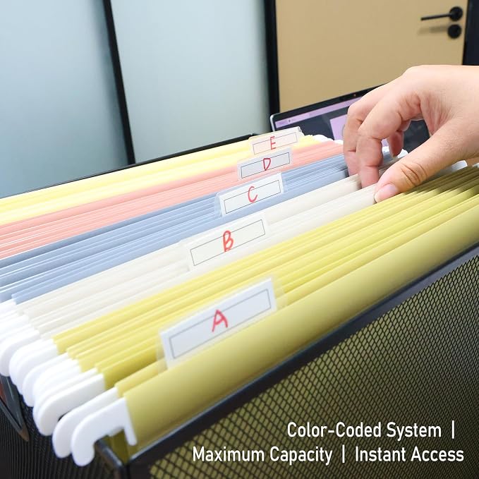 10 Pack Plastic Hanging File Folders, Letter Size (8.5"x11"), Assorted Colors with 1/5-Cut Tabs. Includes 10 Transparent Label Cards & 10 Sticker Labels – Perfect for Office & Filing Cabinets