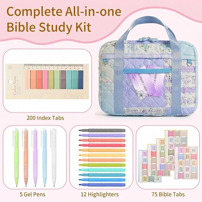 Quilted Bible Cover for Women, Zippered Bible Case with Handle, Bible Organizer Bag w/Multiple Pockets & Pen Slots Lightweight Bible Tote Bag for Church Study, Gifts for Women (Spliced Flower, Blue)