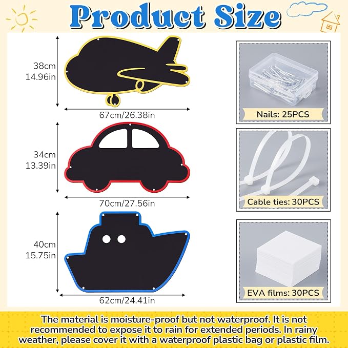 MotiMind 3 Pcs Giant Outdoor Chalkboard for Kids Suitable Indoor and Outdoor Use, Weatherproof Large Black Chalkboard Panels for Wall Back to School Decorations (Vehicle Shapes)