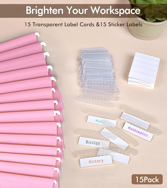 Plastic Hanging File Folders Letter Size, Colored Hanging File Folders with Tabs, Durable Waterproof Plastic Hanging Folders for Filing Cabinets, Office, School & Home Organization (15, Pink)
