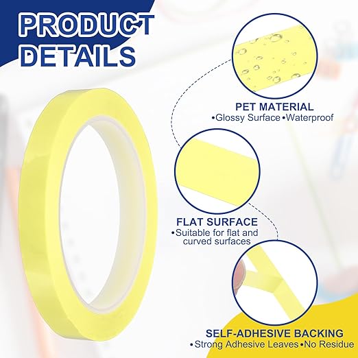 MECCANIXITY Whiteboard Tape 1/2" / 12mm Self Adhesive Graphic Chart Line Tape 72 Yard Grid Marking Stickers for Pinstripe Dry Erase Board Scrapbooking DIY Art Crafts, Light Yellow, Pack of 3