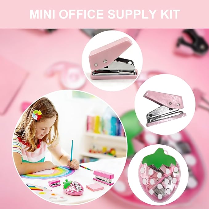 Mini Office Supply Kits Strawberry Mini Stapler Set, 11Pcs Portable School Supplies Kit with Mini Scissors, Tape Dispenser, Hole Puncher, Sticky Notes for Desk Organization, for Back to School