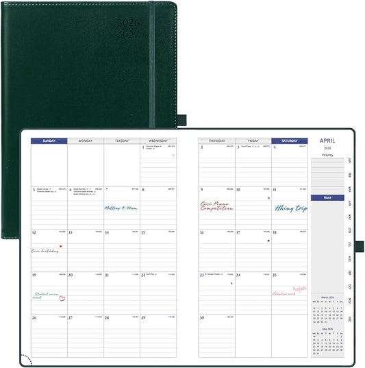 POPRUN Monthly Planner 2026-2027, 8.25" x 11.75" Large Calendar Planner, 16 Months (Apr 2026 - Jul 2027) Monthly Calendar & Appointment Book with Stair Tabs, Inner-pocket, Pen Holder, PU Leather - Dark Green