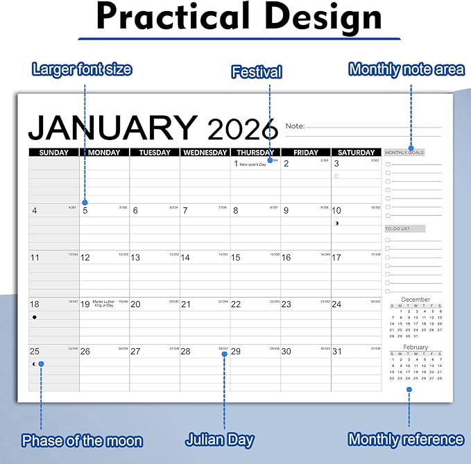 AECCN Calendar 2026-2027, Large days Blocks, 17" x 12" Large Wall Calendar 18 Months with Stickers, Anti Ink Bleed, Durable Thick Paper, 2026-2027 Calendars for Home, Office, Teacher Supplies- Simple