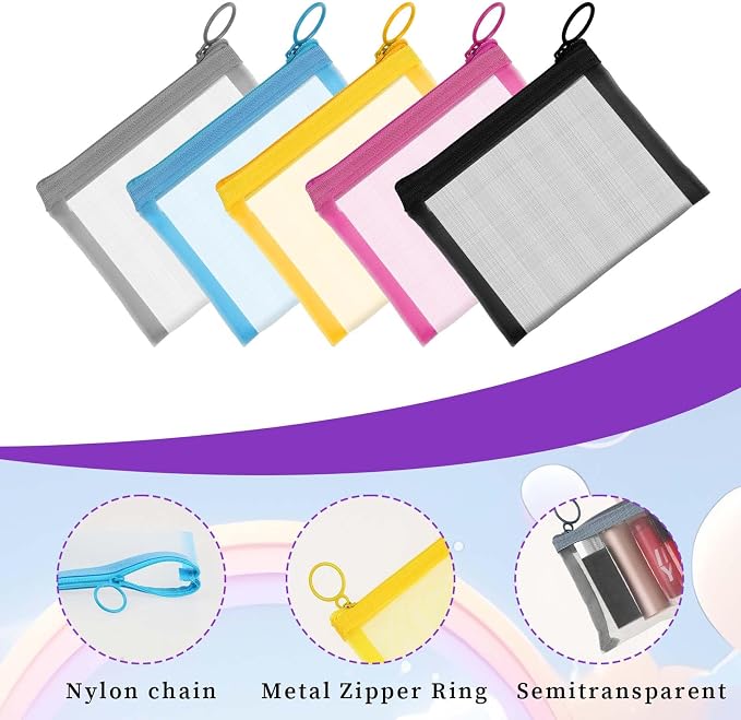 5 Pcs Mini Zipper Pouch Clear Small Zipper Pouch Mesh Zipper Pouch Bags Multipurpose Document Pocket Makeup Cosmetic Accessories Travel Toiletries Storage Pouches for Organization
