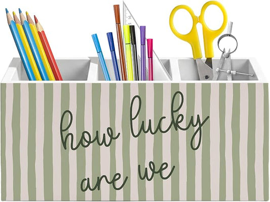 How Lucky Are We Motivational Pen Holder for Desk, Sage Green Striped Positive Affirmations Wooden Box Pencil Pen Organizer for Home Office Classroom Desk Tabletop