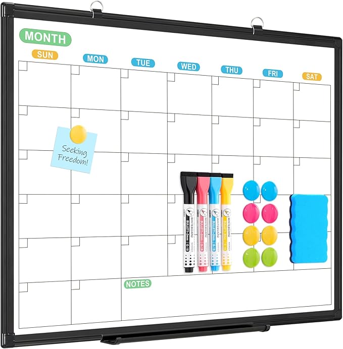 WALGLASS Dry Erase Calendar Whiteboard for Wall, 24" x 18" Double-Sided Monthly Calendar White Board with Black Aluminum Frame, Hanging or Wall Mount Dry Erase Whiteboard for Home, Office, School