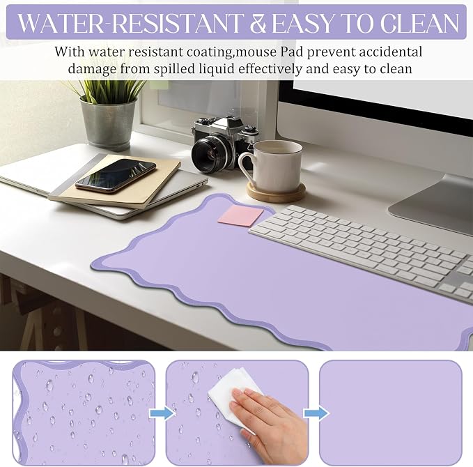 Hahafelt Scalloped Desk Mat Large Desk Pad Cute Coquette Table Mat Back to School Preppy Table Make up Pad Nonslip Graduation Gift with Stitching Waterproof Gaming(Purple,23.6 x 13.8 Inches)