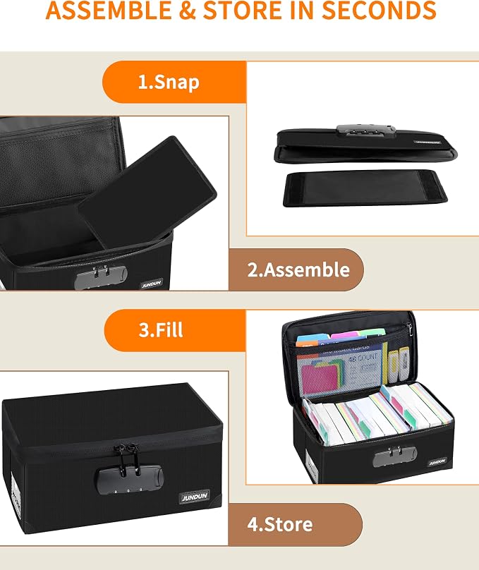 JUNDUN Fireproof Index Card Holder with Lock | Fits 1200 3x5-Inch Flash Cards, Business, Recipe, or Note Card Collapsible Storage Box, Black