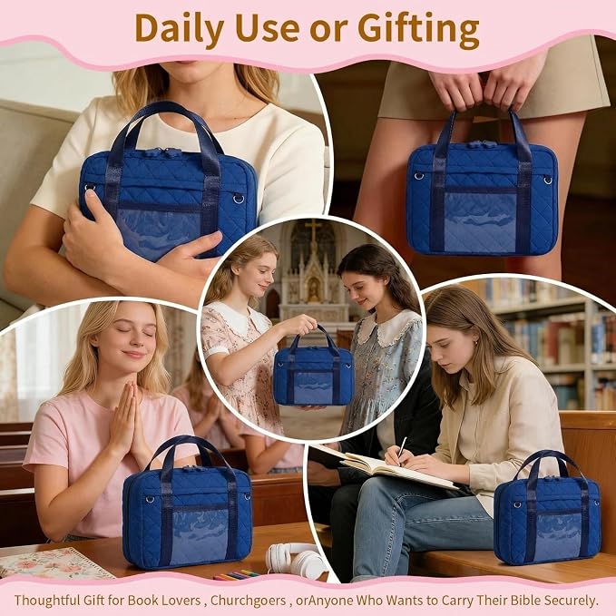 Quilted Bible Cover for Women, Zippered Bible Case with Handle, Bible Organizer Bag w/Multiple Pockets & Pen Slots Lightweight Bible Tote Bag for Church Study, Gifts for Women (Navy Blue)