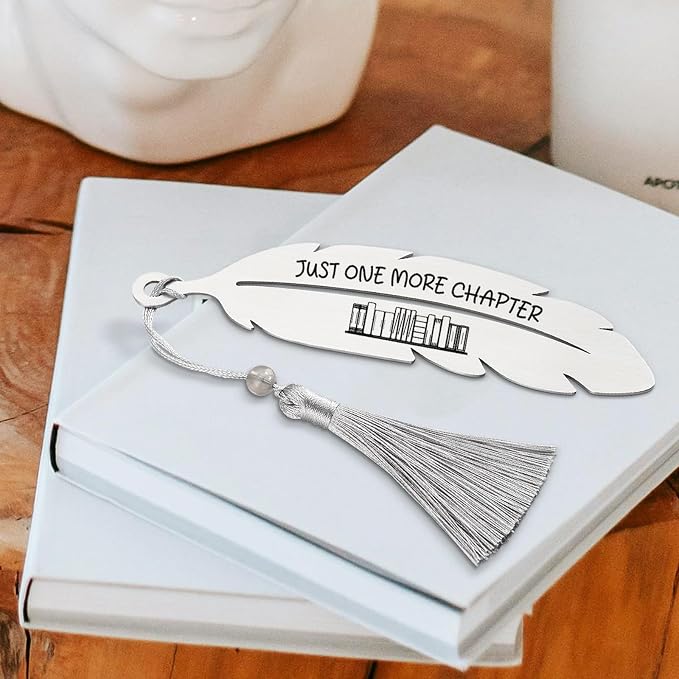 Just One More Chapter, Book Lover Bookmarks Gifts, Literary Bookmark, Laminated Bookmarks, Bookish Gift for Her, Graduation Season, Back to School Gift for Student, Metal Feather Bookmark VBK223