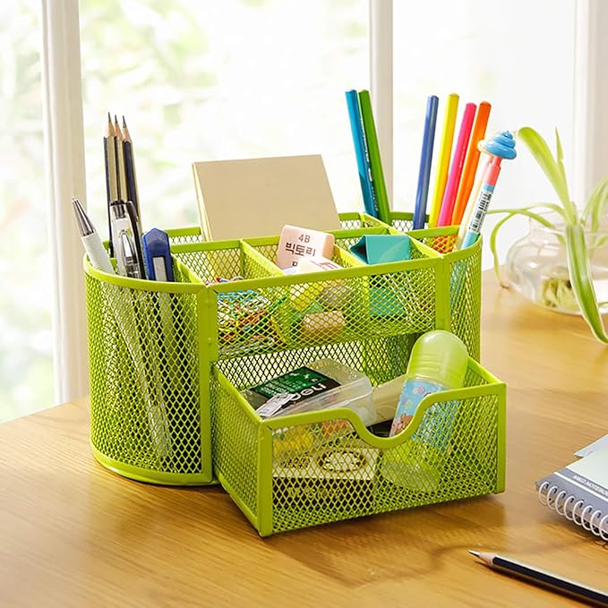 VANRA Metal Mesh Desk Supply Caddy Desktop Office Supplies Organizer Supply Holder 8 Compartments with Drawer (Green)