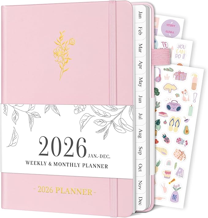 Planner 2026, Weekly and Monthly Planner with Tabs from Jan 2026 - Dec 2026, A5 Hardcover Academic Calendar with Date for School & Office Schedule, 5.8" x 8.3", Pink