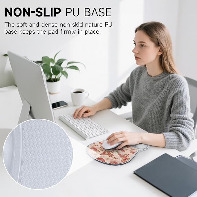 AUPET Ergonomic Mouse Pad with Gel Wrist Support – Non-Slip Mouse Mat with Comfortable Memory Gel Cushion – Relieves Wrist Pain – Designer Pattern for Home Office & Gaming (Pink Butterflies)