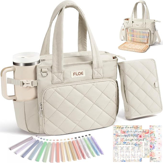 Large Bible Bag w/Bible Cover Case for Women, Puffer Bible Tote Bag Quilted Church Bag Carrying Case w/Shoulder Strap, Bible Study Supplies Journaling Kit Accessories Women Christian Mothers Day Gifts