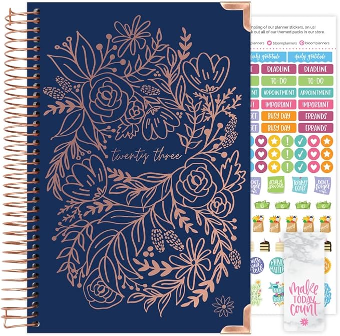 HARDCOVER bloom daily planners 2023 Calendar Year Day Planner (January 2023 - December 2023) - Passion/Goal Organizer - Monthly & Weekly Inspirational Agenda Book - 5.5" x 8.25" - Navy Embroidery