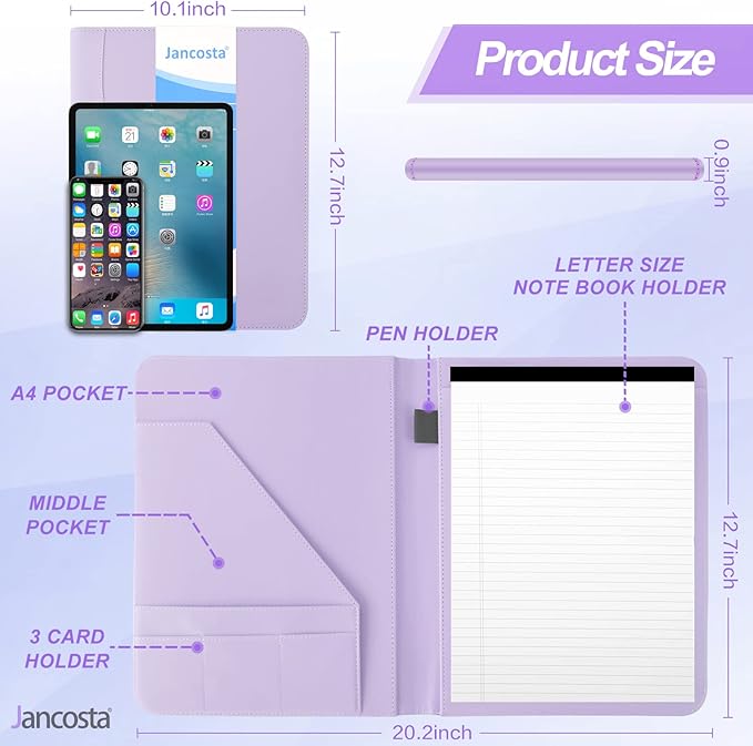 1 Pack Business Padfolio Portfolio Binder, Faux Leather Folio Folder, Resume Legal Document Organizer with Letter Size Writing Notepads (New Lilac/Light Purple 1 Pack)