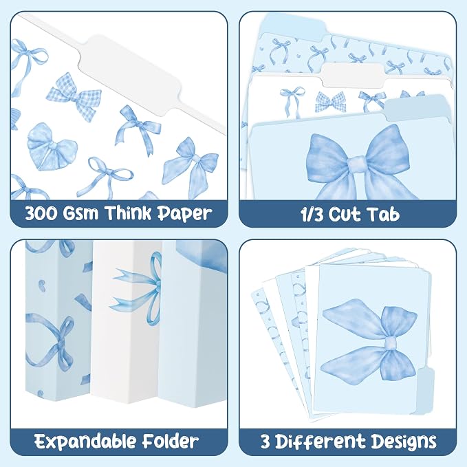 Xqumoi 12Pcs Coquette Blue Bow File Folders, Letter Size Bowknot Decorative File Pockets with 1/3 Cut Tab Pretty Colored Folders for Office Home Classroom Supplies Documents Paper, 8.9 x 11.6 Inch