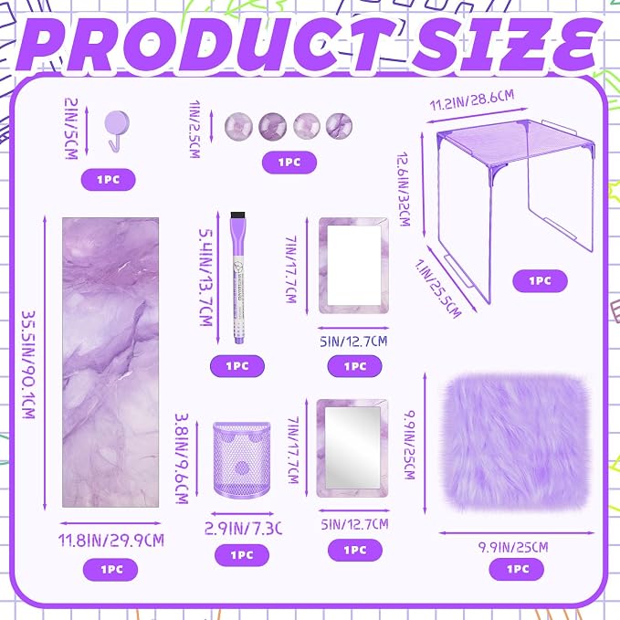 Denylo pro Purple Magnetic Locker Marble Theme Accessories Kit Include Back to School Essentials for Back to School Decorations Office Supplies
