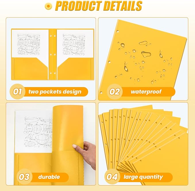 Yeaqee 72 Pcs Plastic Folders with Pockets Bulk 3 Hole Punched 2 Pocket File Folders for 3 Ring Binder Divider Folder for Notebooks, Durable Poly for Office Home (Yellow)