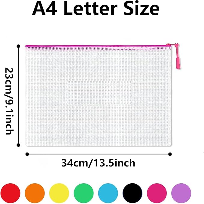16pcs Mesh Zipper Pouch Bags, A4 Size Plastic Puzzle Storage Bag, 8 Colors Waterproof Zipper Pouches for Organization, Multipurpose for Home, Travel, School Supplies and Office Appliances