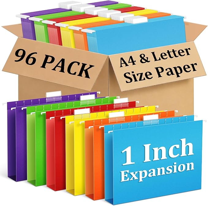 V-Opitos 96 Pack 1 Inch Expansion Hanging File Folders, Letter Size Hanging Folders with 1/5-Cut Adjustable Tab, Extra Capacity Hanging File Folders, Ideal School Classroom, Office Supplies