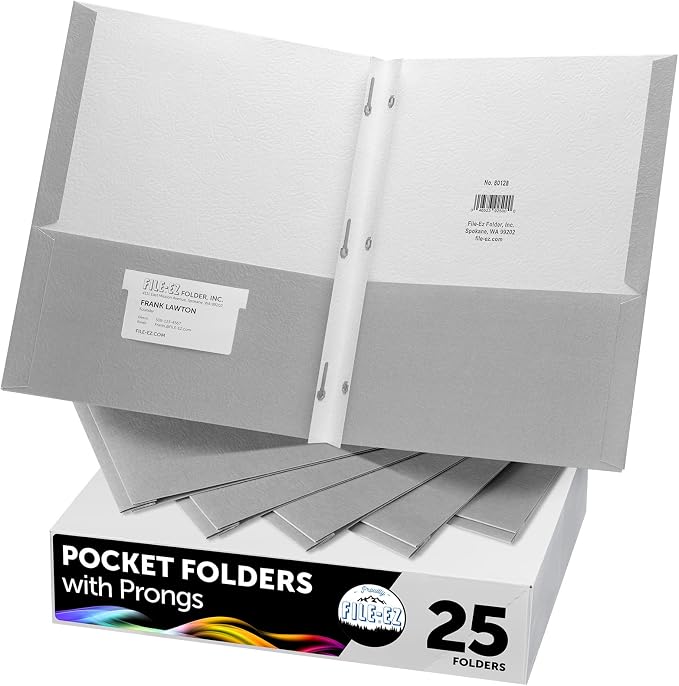 FILE-EZ Two-Pocket Folders with 3-Prong Fasteners, Gray Color, 25-Pack, Durable Textured Paper, Matte Finish, Letter Sheet Size (EZ-92530)