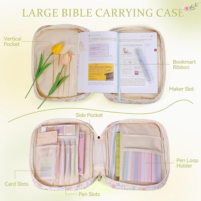 Bible Cover Case for Women Large Quilted Bible Carrying Bag with Handles Bible Study Supplies & Accessories Christian Gifts for Women(Jungle Flowers, M)