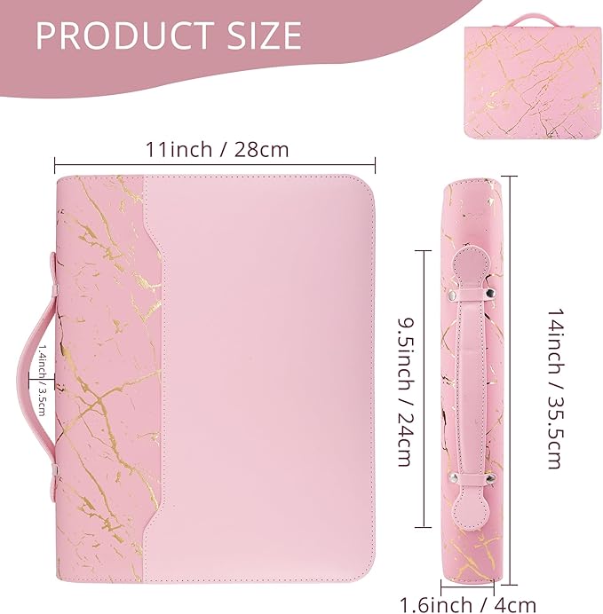 GraduatePro Zippered Leather Padfolio Portfolio Folder with Handle and Clipboard, 3-Ring A4 Size Interview Legal Conference Document Organizer, Business Card Holder Bag for Men/Women, Pink Marble