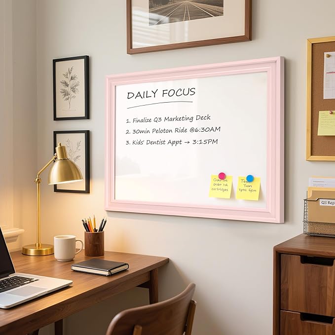 White Board for Wall, 24'' x 18'' Magnetic Dry Erase Board, Decorative Whiteboard with Pink Wooden Frame, Hanging Writing Board for Home Office School Dorm