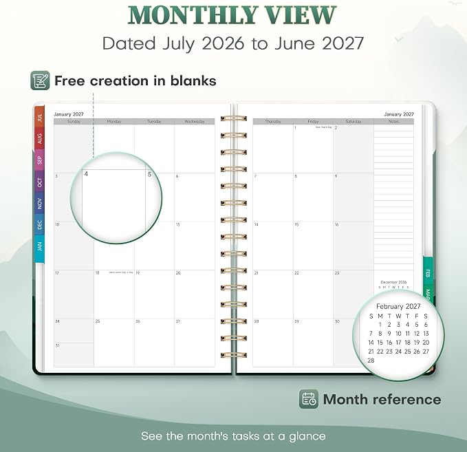 Planner 2026-2027 Monthly and Weekly Academic Planner July 2026 - June 2027, Hardcover Calendar 2026-2027 Agenda Daily Planner for Student Teacher School Office Supplies, 6" x 8.3", Green Mount