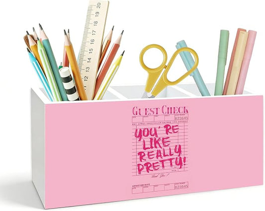 Coquette Trendy Pink Pen Holder for Desk, Pink Office Decor, You're Like Really Pretty Preppy Girly Wooden Box Pencil Pen Holder Organizer for Home Office Desk Accessories
