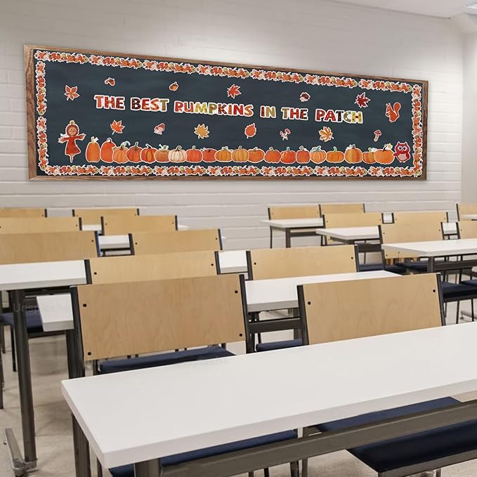 Fall Pumpkin Patch Bulletin Board Decoration - Back to School Decor with Autumn Maple Leaves Pumpkins for Classroom Chalkboard School Bulletin Board Teacher Supplies