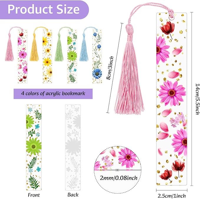 4 Pieces Pressed Flower Bookmarks for Men Women Book Lovers, Dried Flower Bookmarks with Tassels Transparent Acrylic Bookmark Floral Dried Flowers Page Marker for Reading Lover Students Teachers