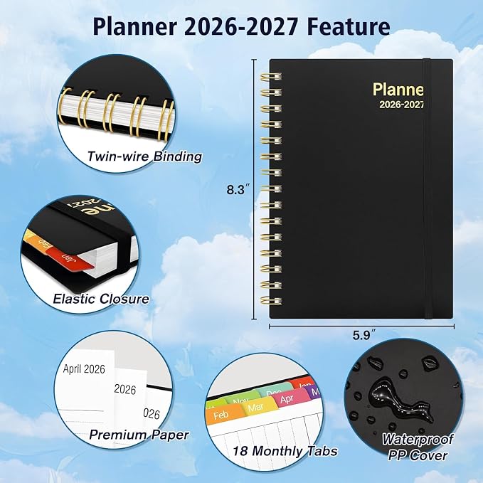 Daily Planner 2026-2027, 18 Month Planner with Tabs, January 2026 - June 2027 Weekly and Monthly Agenda Year Calendar Spiral Time Management, 100GSM Thick Paper, Twin-Wire Binding, A5 Size, Black