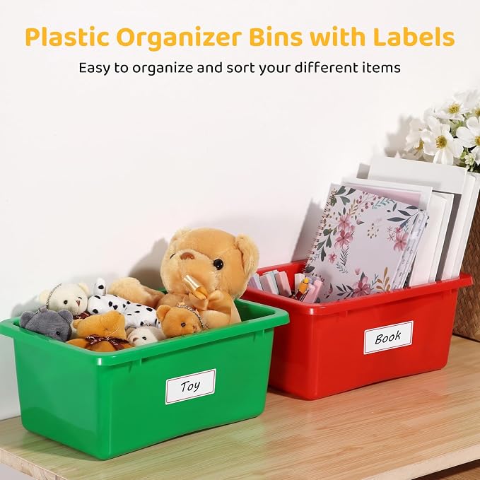 12 Pcs Plastic Cubby Bins with Labels, Plastic Storage Bins and 36 Self-Adhesive Labels, Office Storage Container Assorted Color, Stacking Home Organizer Bin, Classroom Toy Organizing Box