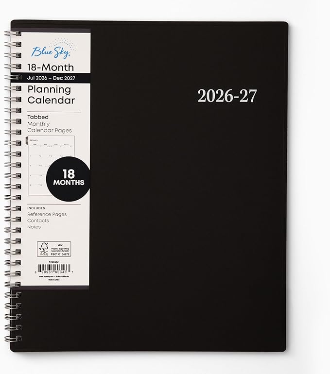 Blue Sky 2027 18 Month Monthly Planner Calendar, July 2026 - December 2027, 8" x 10", Monthly Layout, Flexible Cover, Silver Wirebound, Laminated Tabs, Enterprise
