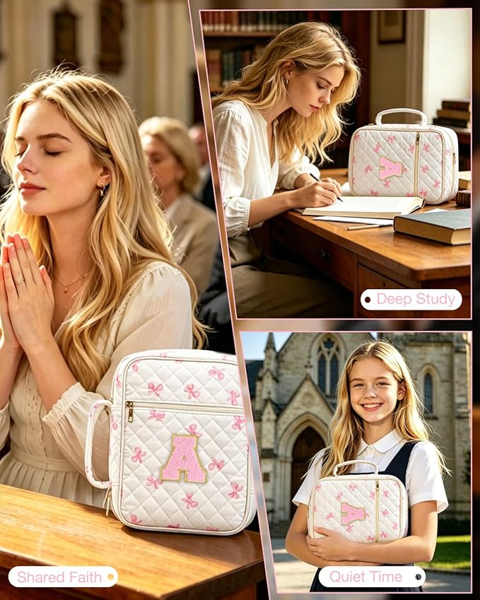 Initial Bible Cover Case for Women Girls Kid Large Bible Cover with Durable Handle Quilted Bible Carrying Case for Girls Bible Study Supplies Accessories (Pink Bow H, one Size)