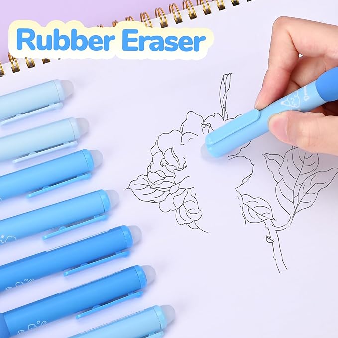 Temiary 18Pcs Aesthetic Retractable Erasable Gel Pens, Make Mistakes Disappear, 8 Pens & 10 Refills, Cartoon Smooth Writing Pen, 0.5 mm Black & Blue Ink Pen, Office School Supplies. (Blue Theme）